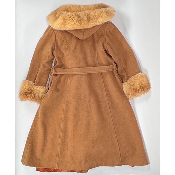 60s 70s Vintage Wool Coat Belted Camel Fur Collar & Cuffs Hooded Jacket Mob Wife - Picture 13 of 16